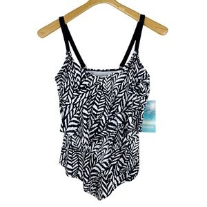 Beach Party Tiered Tankini Swim Top Black White Size 8